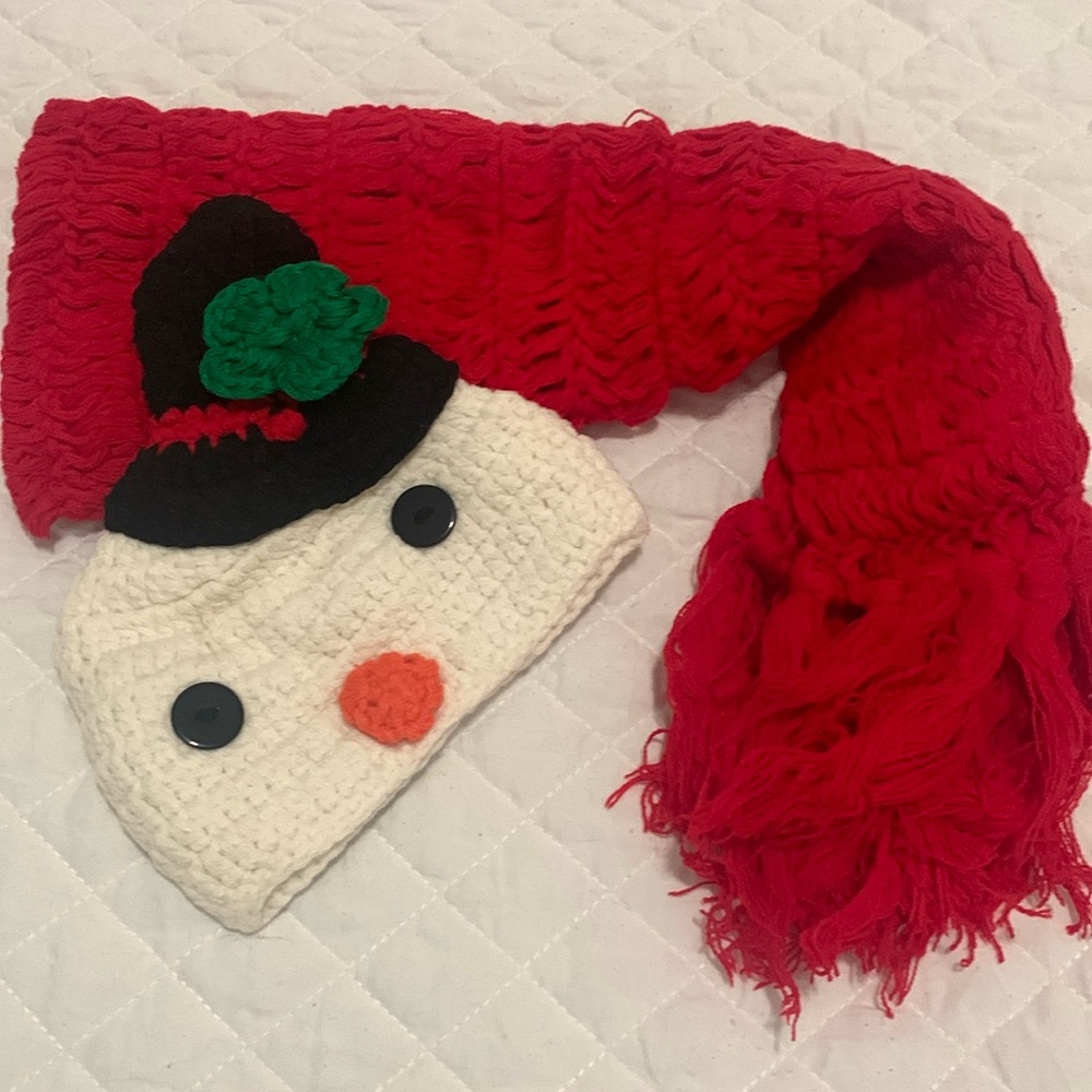 New toddlers snowman hat and scarf crochet baby boy girl beanie white Christmas